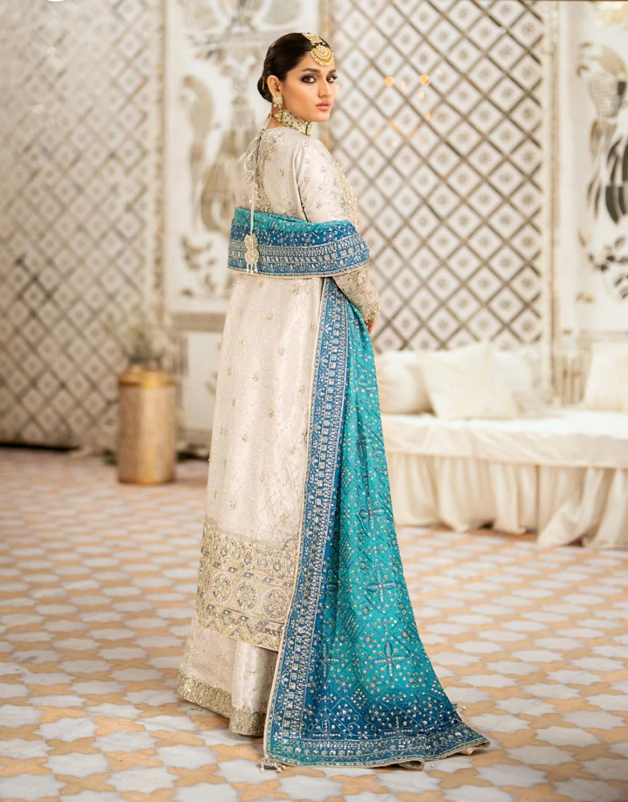 AIK Atelier Inspired – Heavy Embroidered 3-Piece Wedding Collection by Simran’s | With Heavy Embroidered Dupatta & Soft Banarsi Fabric Lehenga/Sharara-Grey Size S-XL