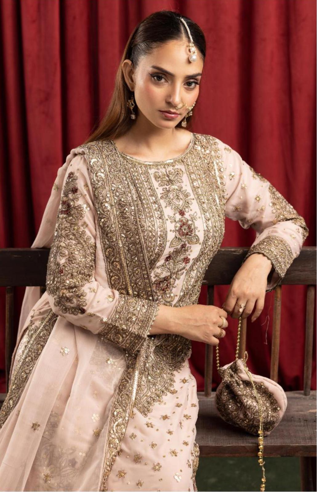 Ashiana Wedding Collection by Simran’s – 3-Piece Heavy Embroidered Chiffon Suit (Sizes S–XL)