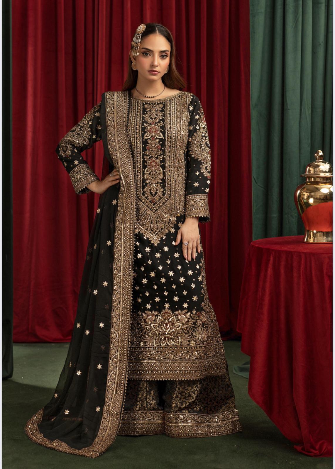 Ashiana Wedding Collection by Simran’s – 3-Piece Heavy Embroidered Chiffon Suit (Sizes S–XL)