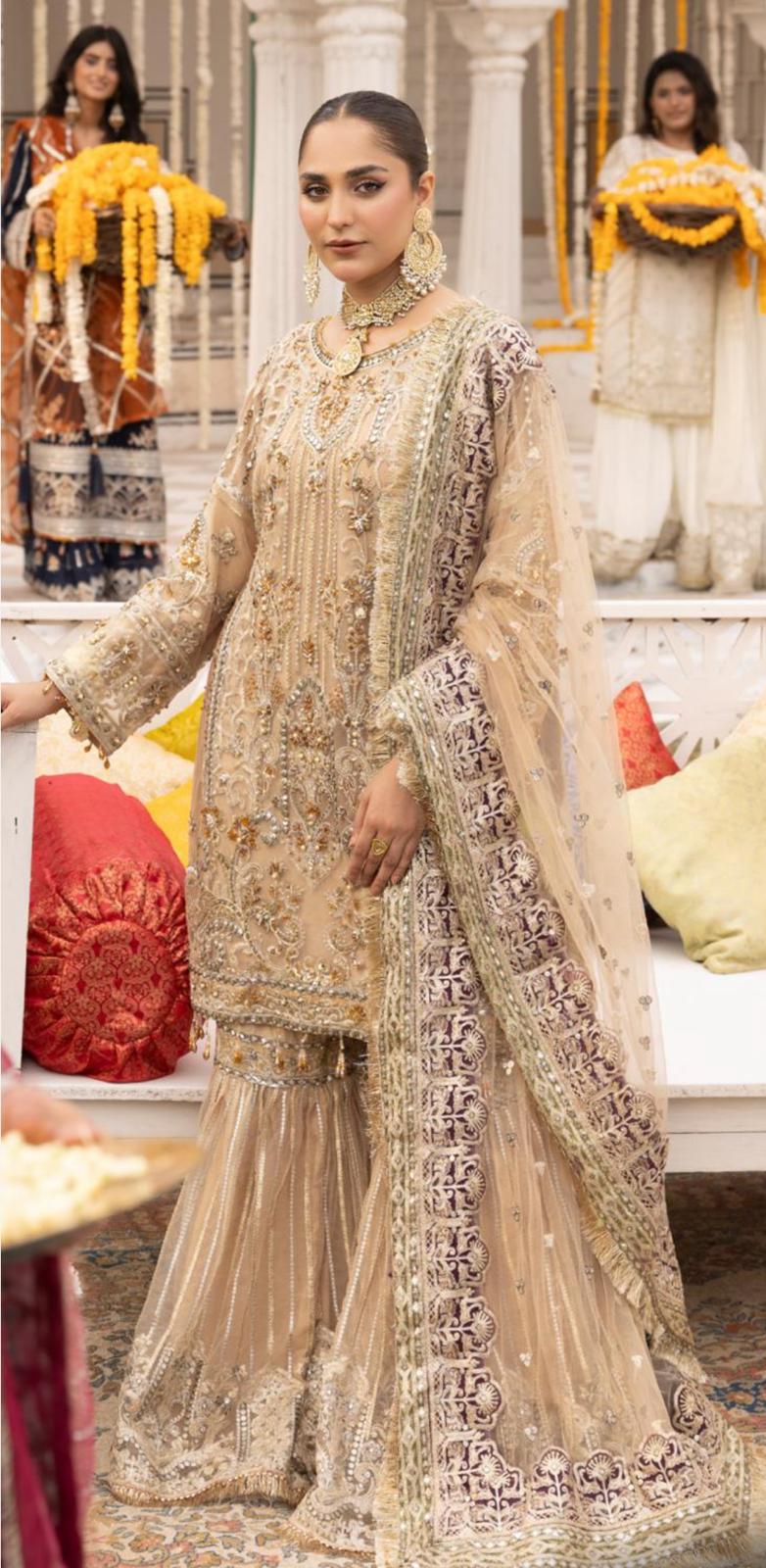 Shehnai by Simran's – 3 Piece Heavy Embroidered Suit | Net Fabric | Gold | Sizes S–XL