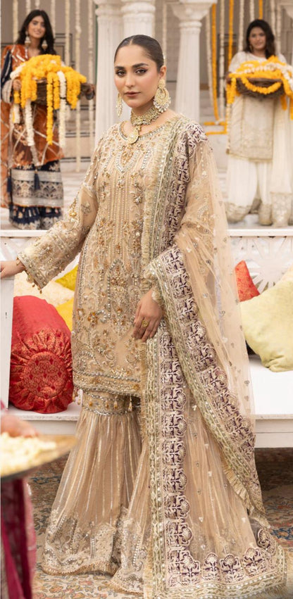Shehnai by Simran's – 3 Piece Heavy Embroidered Suit | Net Fabric | Gold | Sizes S–XL