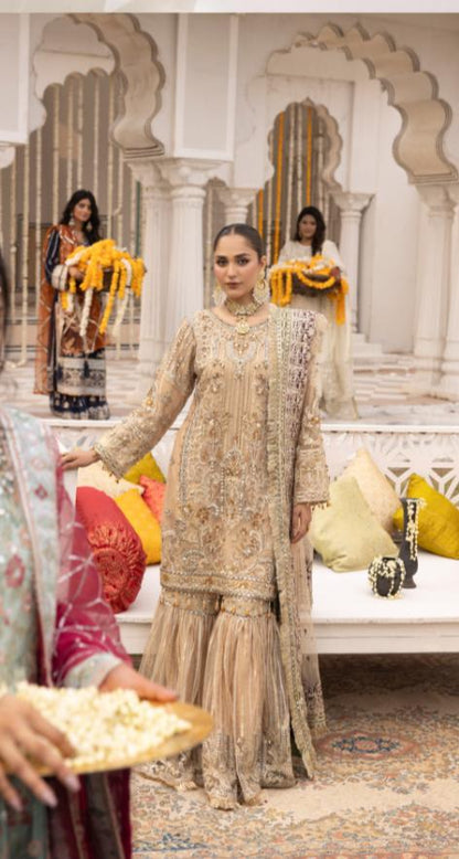 Shehnai by Simran's – 3 Piece Heavy Embroidered Suit | Net Fabric | Gold | Sizes S–XL