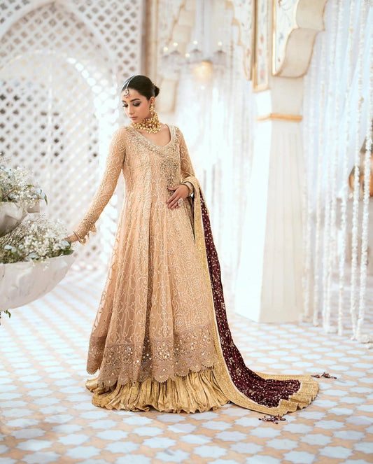AIK Atelier (Inspired) by Simrans– Heavy Embroidered 3-Piece Wedding Collection with Crushed Gold Banarsi Sharara (Sizes S–XL)