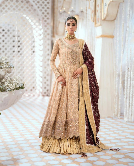 AIK Atelier (Inspired) by Simrans– Heavy Embroidered 3-Piece Wedding Collection with Crushed Gold Banarsi Sharara (Sizes S–XL)