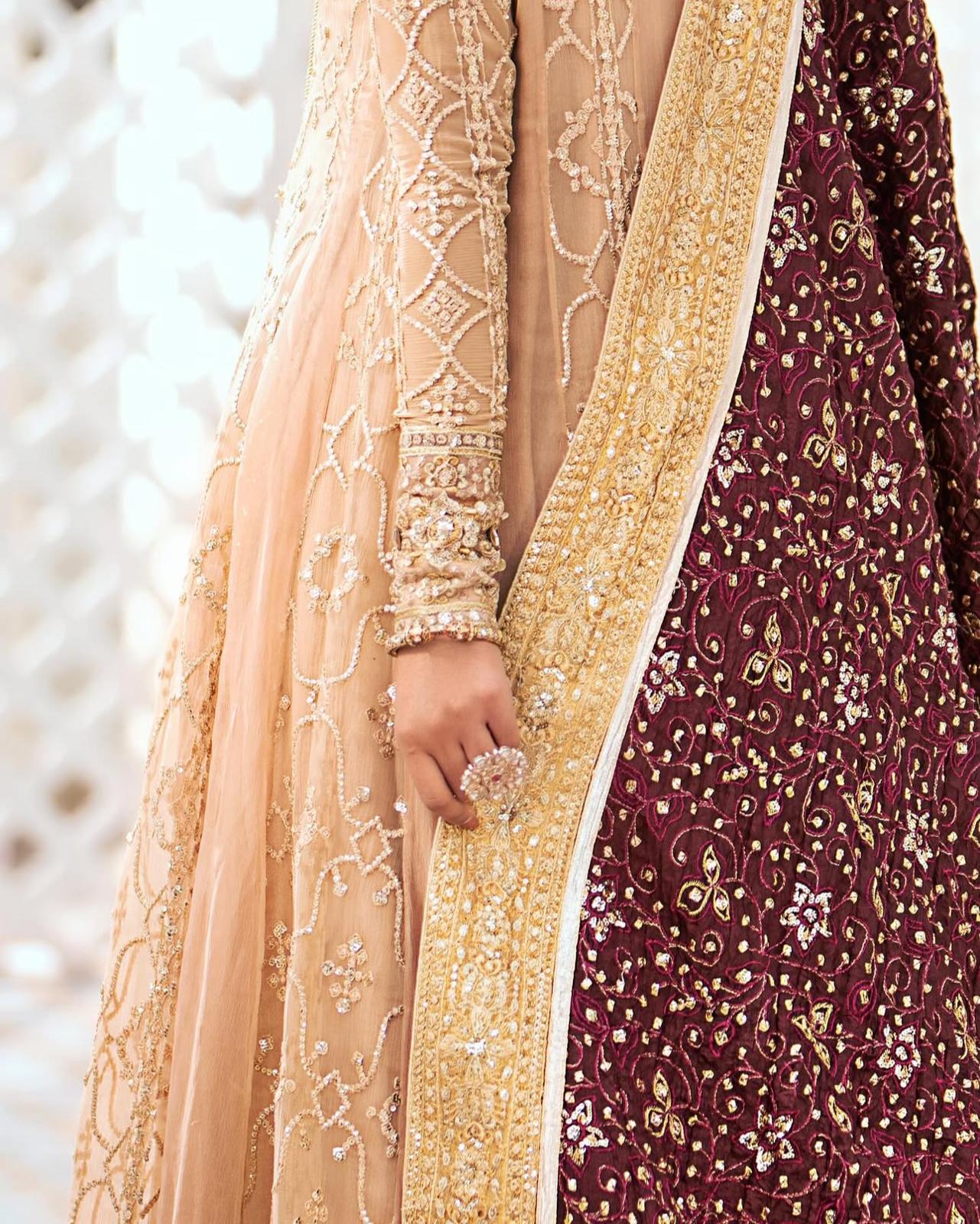 AIK Atelier (Inspired) by Simrans– Heavy Embroidered 3-Piece Wedding Collection with Crushed Gold Banarsi Sharara (Sizes S–XL)
