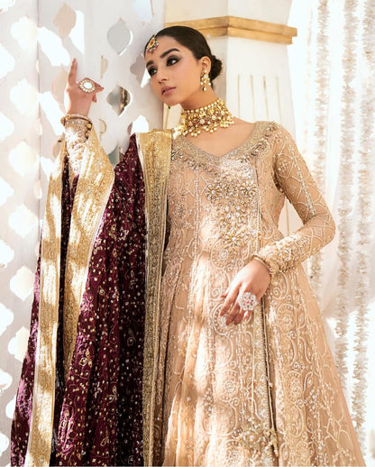 AIK Atelier (Inspired) by Simrans– Heavy Embroidered 3-Piece Wedding Collection with Crushed Gold Banarsi Sharara (Sizes S–XL)