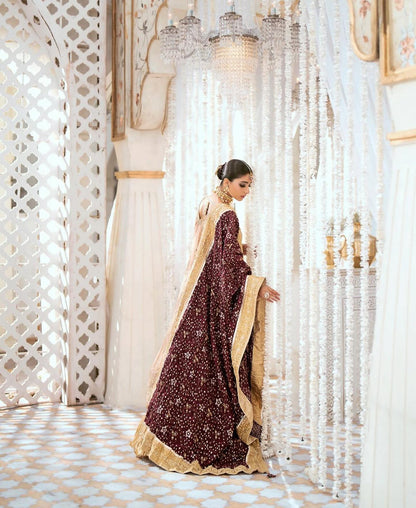 AIK Atelier (Inspired) by Simrans– Heavy Embroidered 3-Piece Wedding Collection with Crushed Gold Banarsi Sharara (Sizes S–XL)