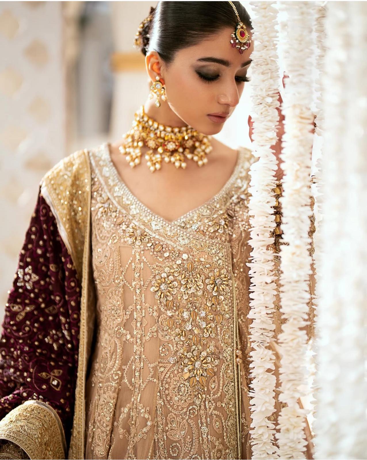 AIK Atelier (Inspired) by Simrans– Heavy Embroidered 3-Piece Wedding Collection with Crushed Gold Banarsi Sharara (Sizes S–XL)
