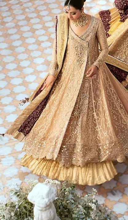 AIK Atelier (Inspired) by Simrans– Heavy Embroidered 3-Piece Wedding Collection with Crushed Gold Banarsi Sharara (Sizes S–XL)