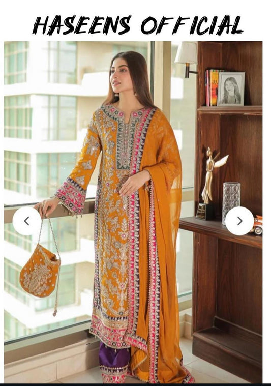 Haseen’s Inspired – Heavy Embroidered Chiffon Plazo Suit | Wedding Collection | Elegant Formal Wear