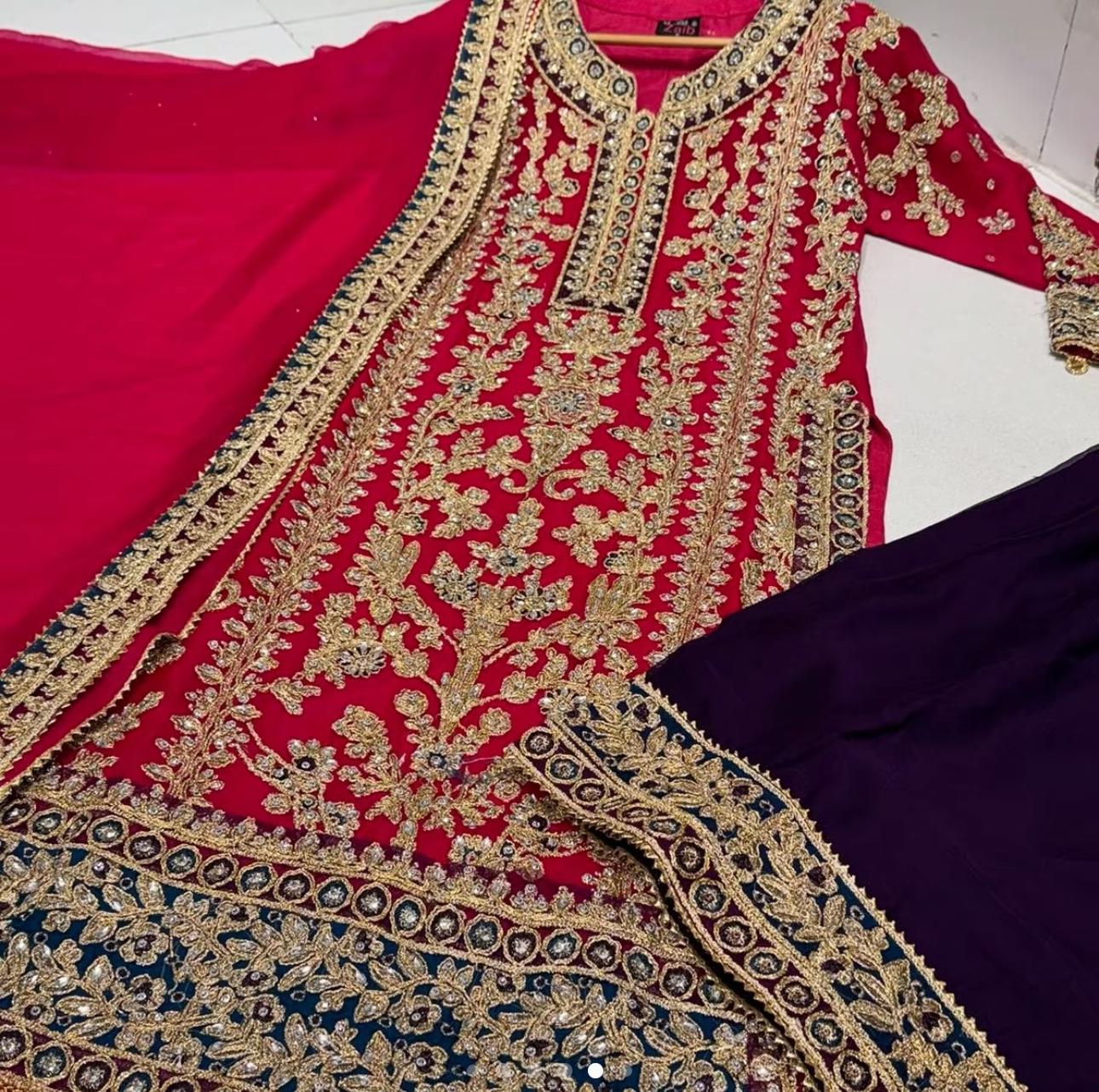 Haseen’s Inspired – Heavy Embroidered Chiffon Plazo Suit | Wedding Collection | Elegant Formal Wear