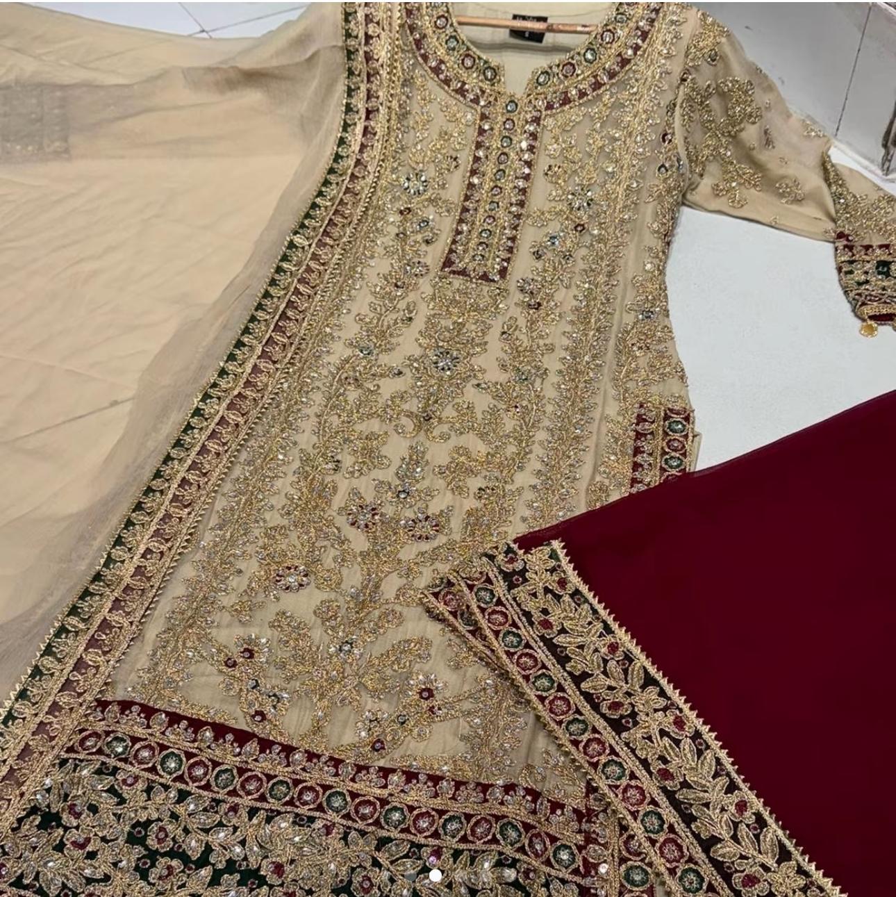 Haseen’s Inspired – Heavy Embroidered Chiffon Plazo Suit | Wedding Collection | Elegant Formal Wear