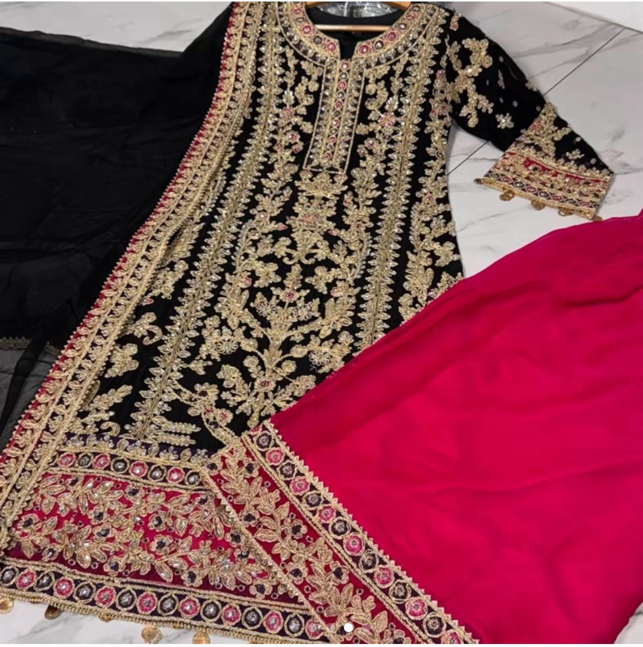 Haseen’s Inspired – Heavy Embroidered Chiffon Plazo Suit | Wedding Collection | Elegant Formal Wear