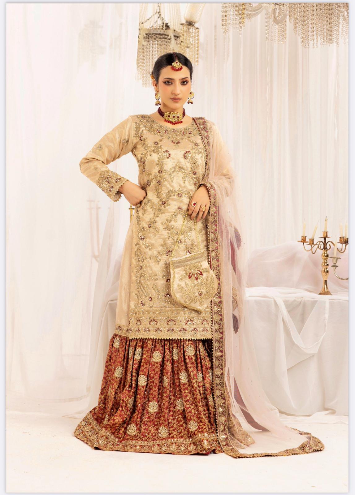 Farshi by SIMRANS- 4 pcs heavy embroidered gharara suit with matching potli bag- small to XL