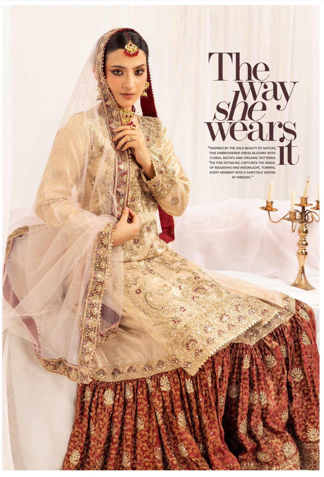 Farshi by SIMRANS- 4 pcs heavy embroidered gharara suit with matching potli bag- small to XL