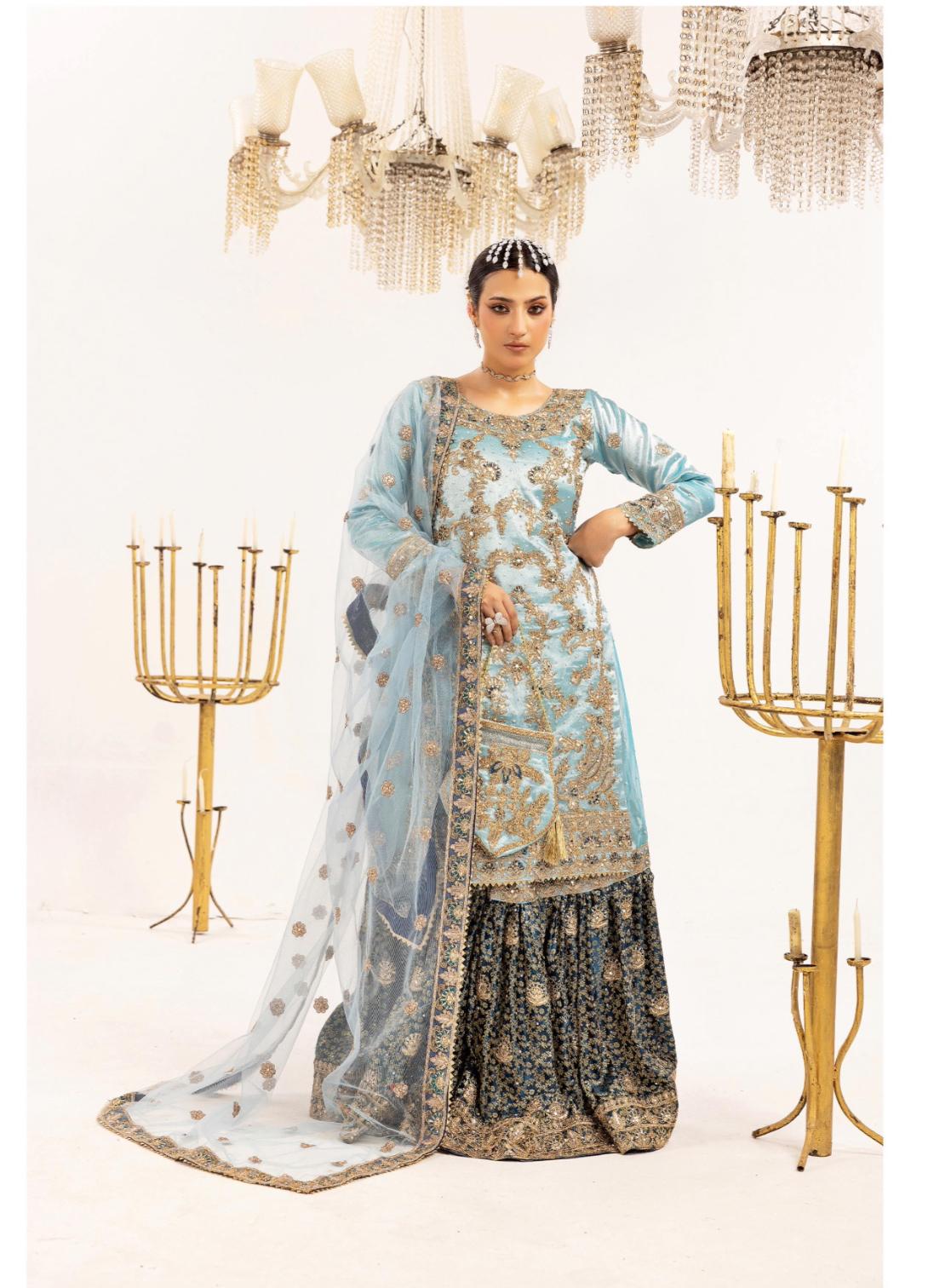 Farshi by SIMRANS- 4 pcs heavy embroidered gharara suit with matching potli bag- small to XL