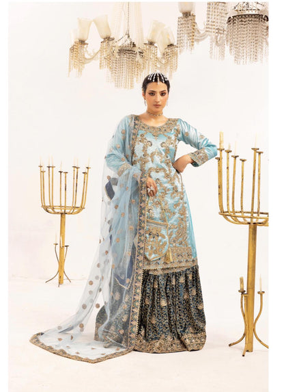 Farshi by SIMRANS- 4 pcs heavy embroidered gharara suit with matching potli bag- small to XL