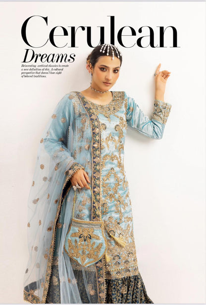 Farshi by SIMRANS- 4 pcs heavy embroidered gharara suit with matching potli bag- small to XL