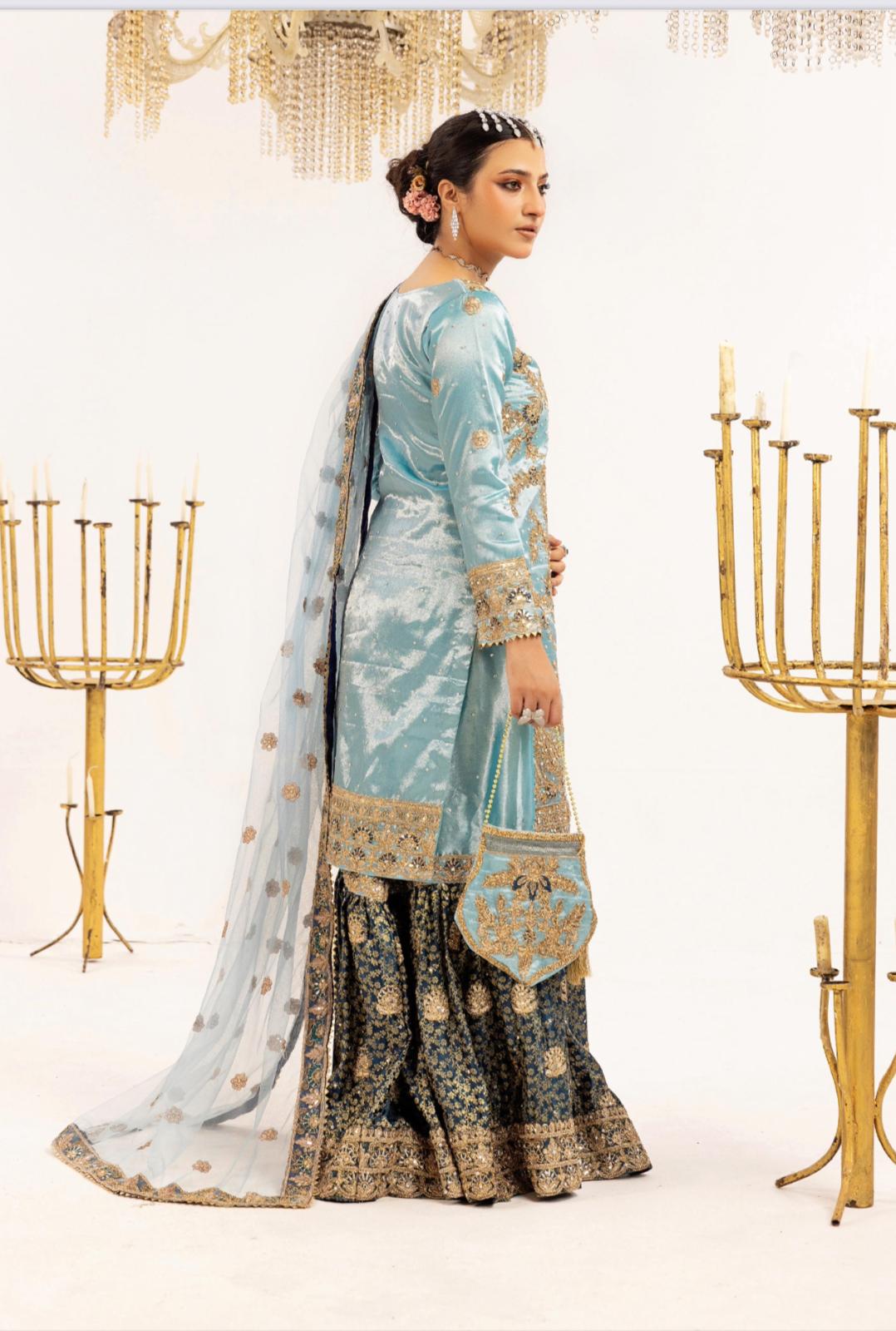 Farshi by SIMRANS- 4 pcs heavy embroidered gharara suit with matching potli bag- small to XL