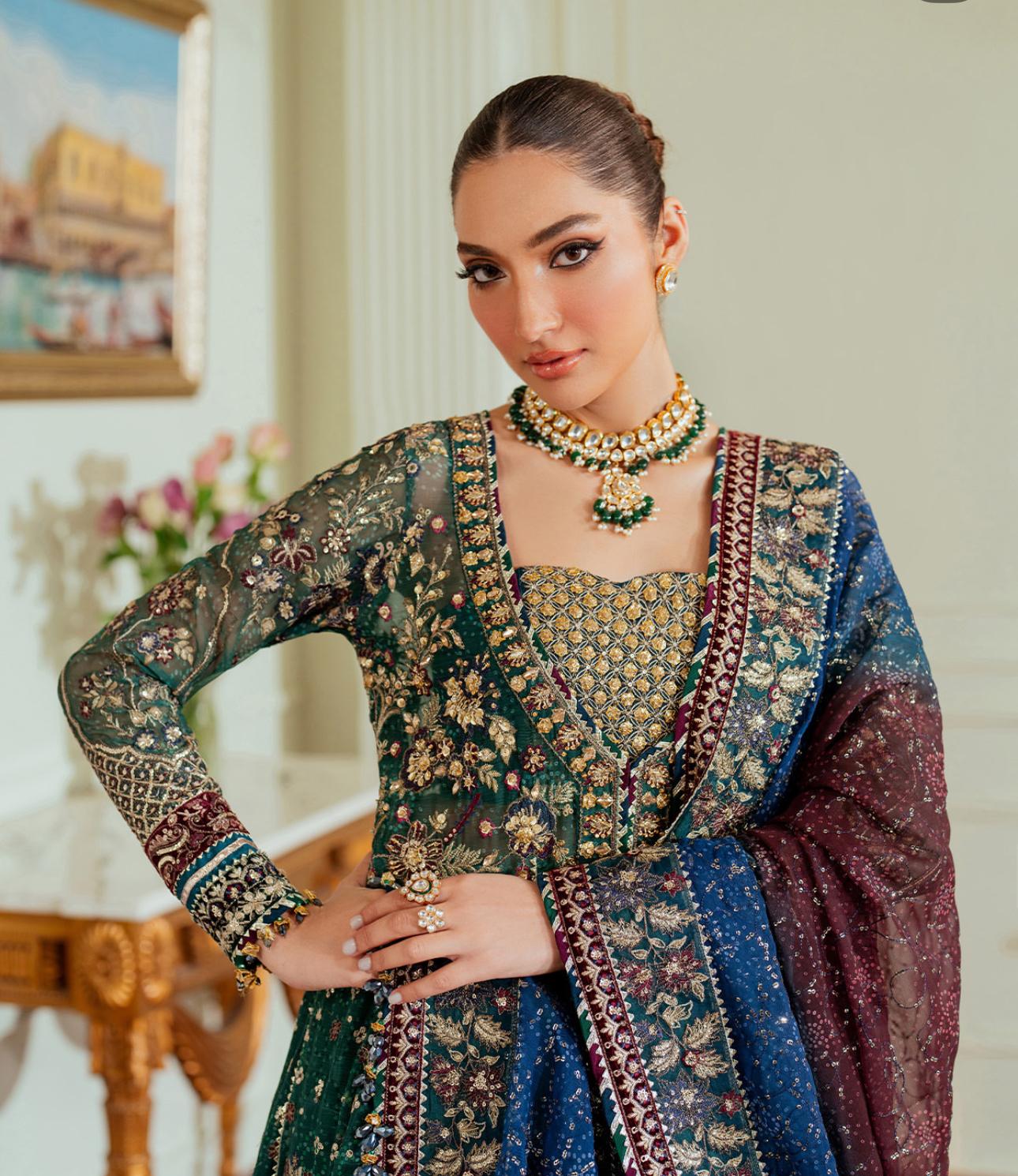 Baroque 3 pcs Chiffon Heavy Embroided Maxi comes with Sharara same as Model-“Please ensure the product is returned within 24 hours, unused and in original packaging.”