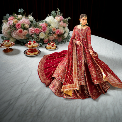 AIK Atelier Inspired – Heavy Embroidered 3-Piece Wedding Collection by Simran’s | With Heavy Embroidered Dupatta & Soft Banarsi Fabric Lehenga/Sharara- Size S-XL