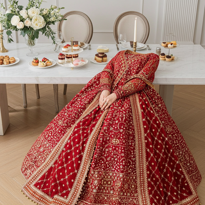 AIK Atelier Inspired – Heavy Embroidered 3-Piece Wedding Collection by Simran’s | With Heavy Embroidered Dupatta & Soft Banarsi Fabric Lehenga/Sharara- Size S-XL