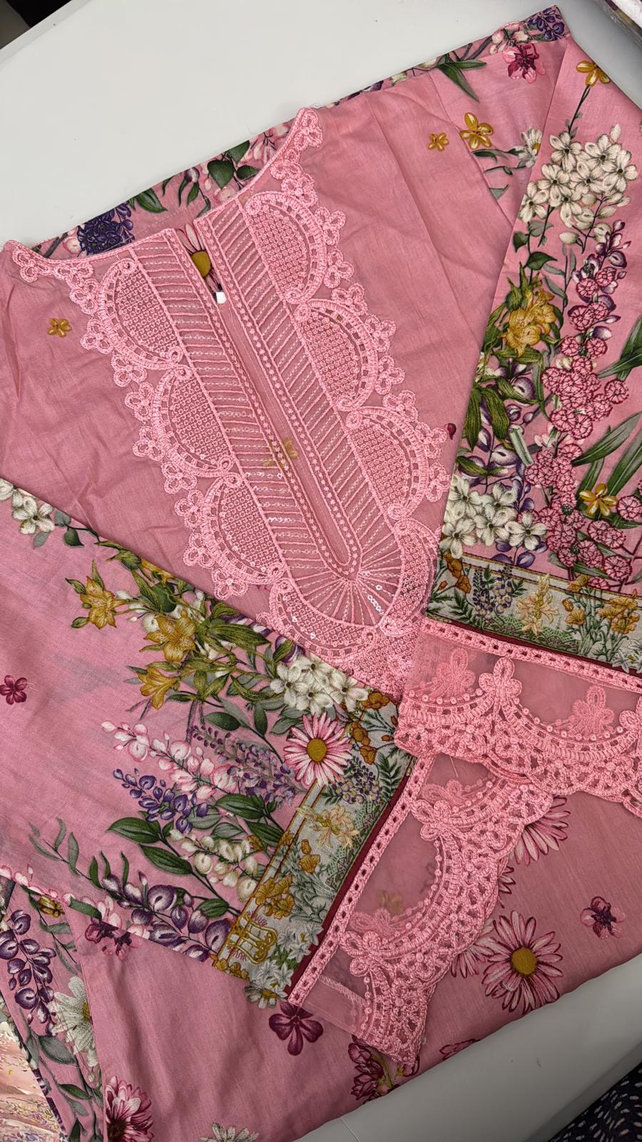 Maria B Inspired 3-Piece Suit with Chiffon Dupatta | Elegant Pakistani Wear Pink (Sizes S–2XL)