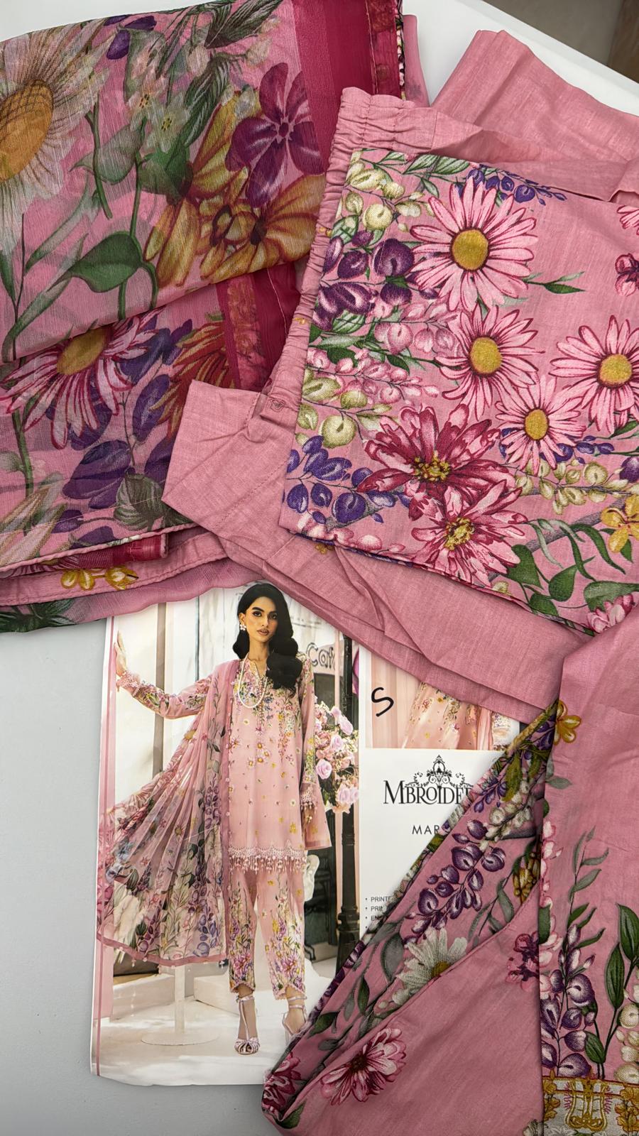 Maria B Inspired 3-Piece Suit with Chiffon Dupatta | Elegant Pakistani Wear Pink (Sizes S–2XL)