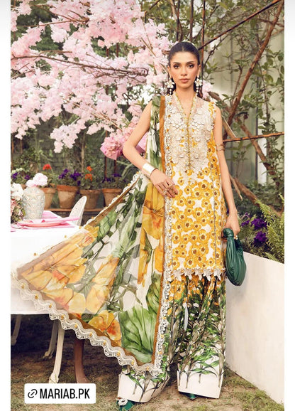 Maria B Inspired 3-Piece Suit with Chiffon Dupatta | Elegant Pakistani Wear Yellow (Sizes S–2XL)