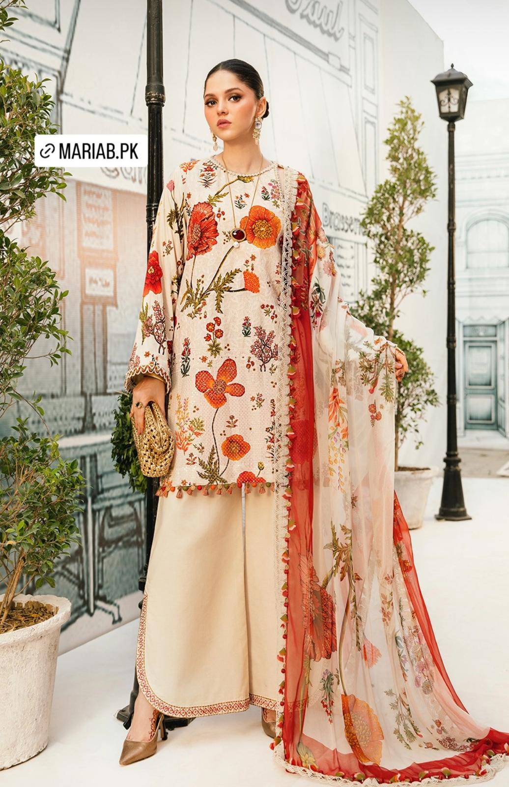 Maria B Inspired 3-Piece Suit with Chiffon Dupatta | Elegant Pakistani Wear Beige (Sizes S–2XL)