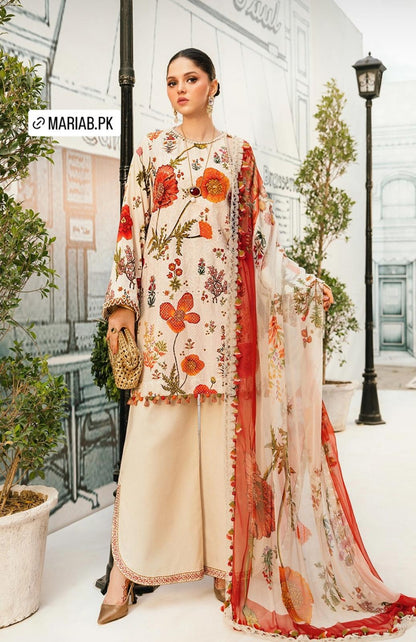 Maria B Inspired 3-Piece Suit with Chiffon Dupatta | Elegant Pakistani Wear Beige (Sizes S–2XL)