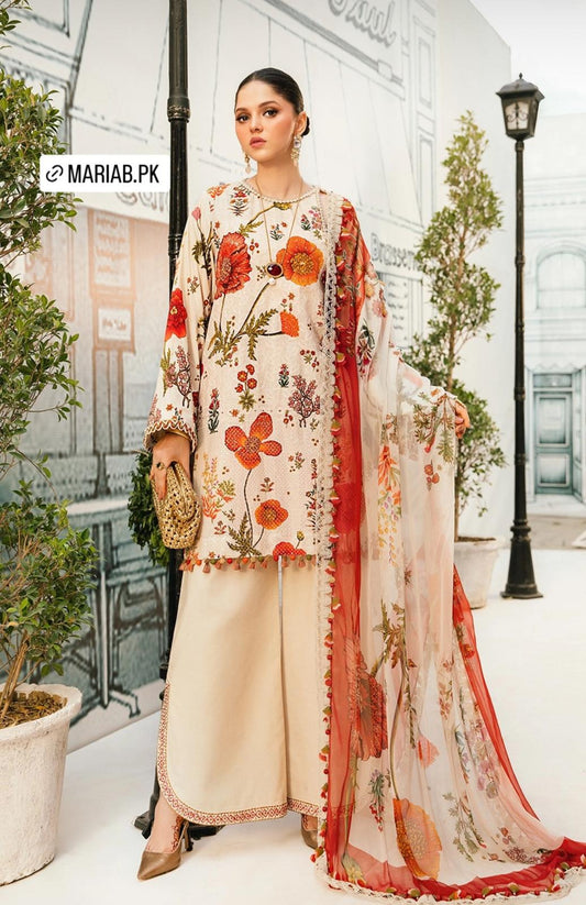 Maria B Inspired 3-Piece Suit with Chiffon Dupatta | Elegant Pakistani Wear Beige (Sizes S–2XL)