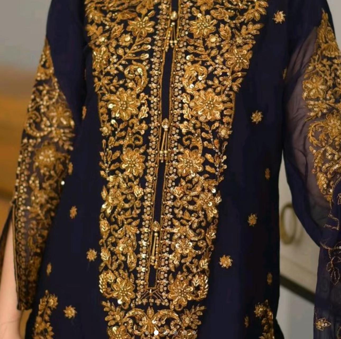 Luxury Chiffon 3 pcs Suit with Heavy Embroidery – Front & Back Work