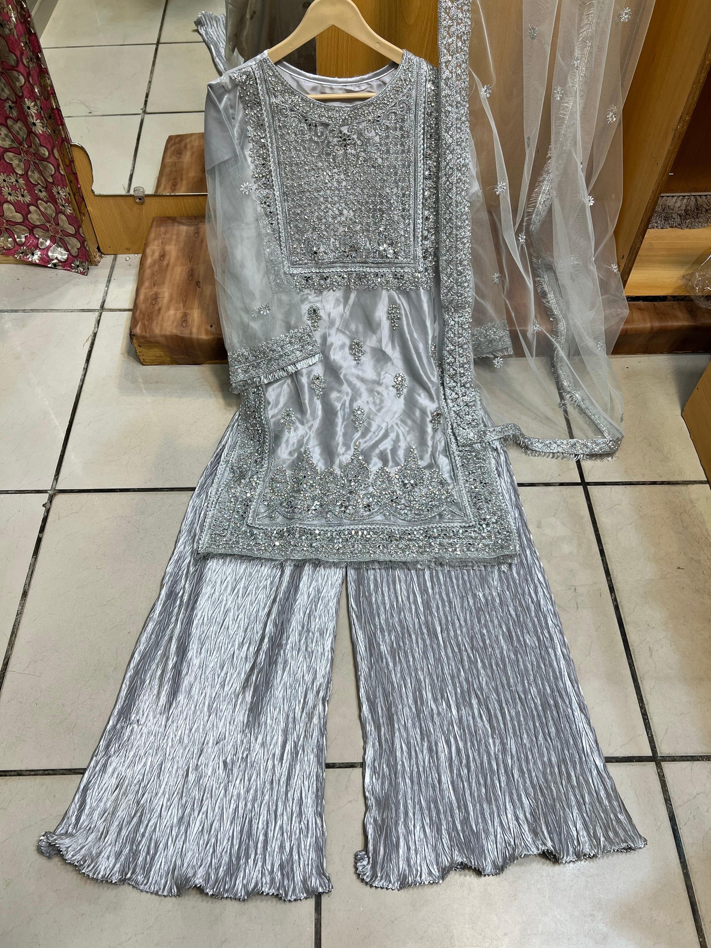 Radiant Mirror Work 3-Piece Suit with Crushed Silk Plazo – Glamour Meets Tradition