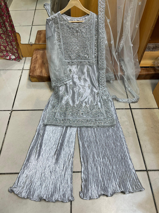 Radiant Mirror Work 3-Piece Suit with Crushed Silk Plazo – Glamour Meets Tradition