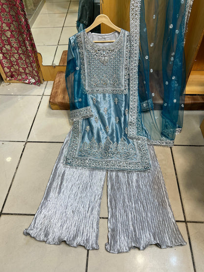 Radiant Mirror Work 3-Piece Suit with Crushed Silk Plazo – Glamour Meets Tradition