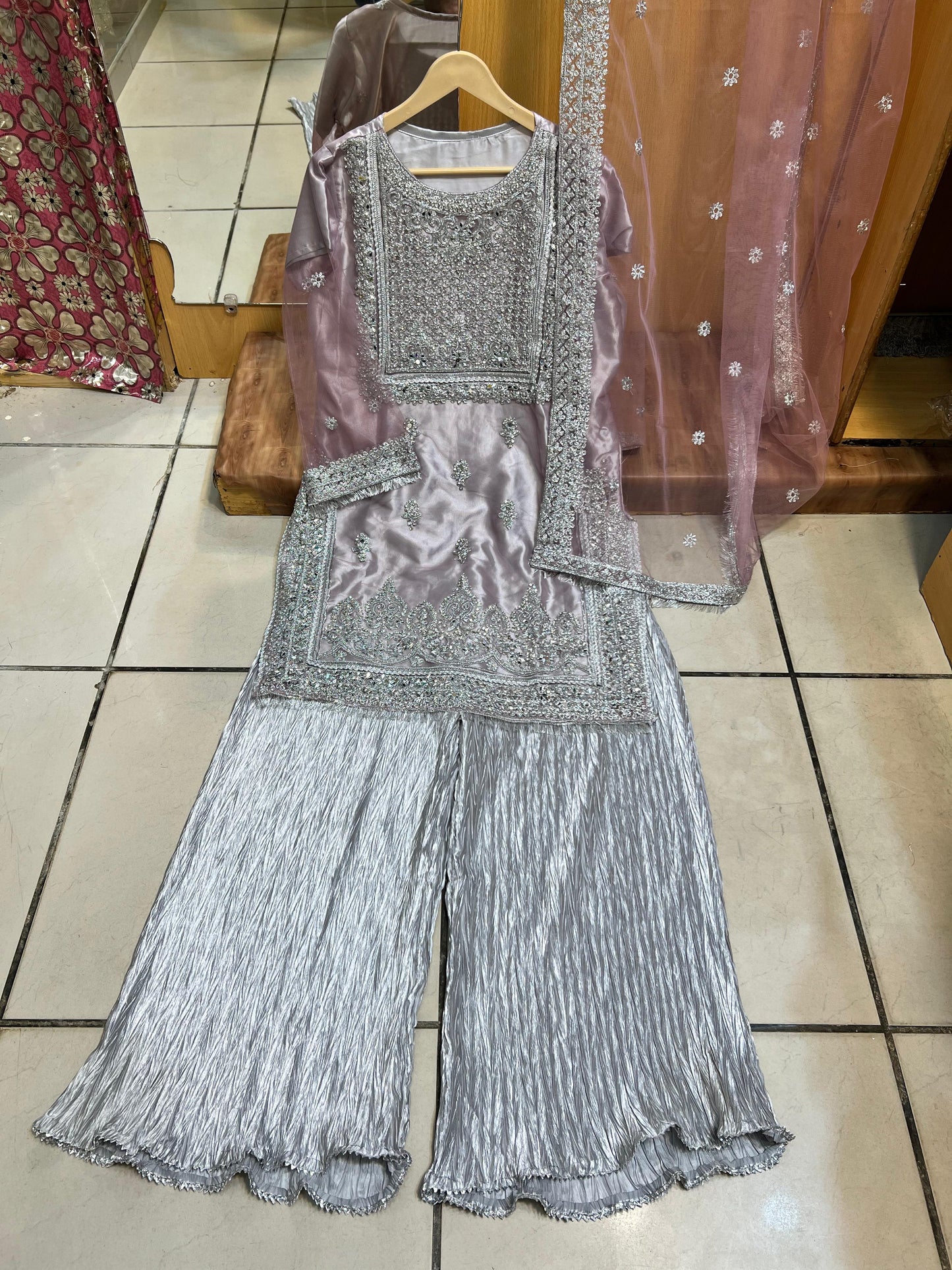 Radiant Mirror Work 3-Piece Suit with Crushed Silk Plazo – Glamour Meets Tradition