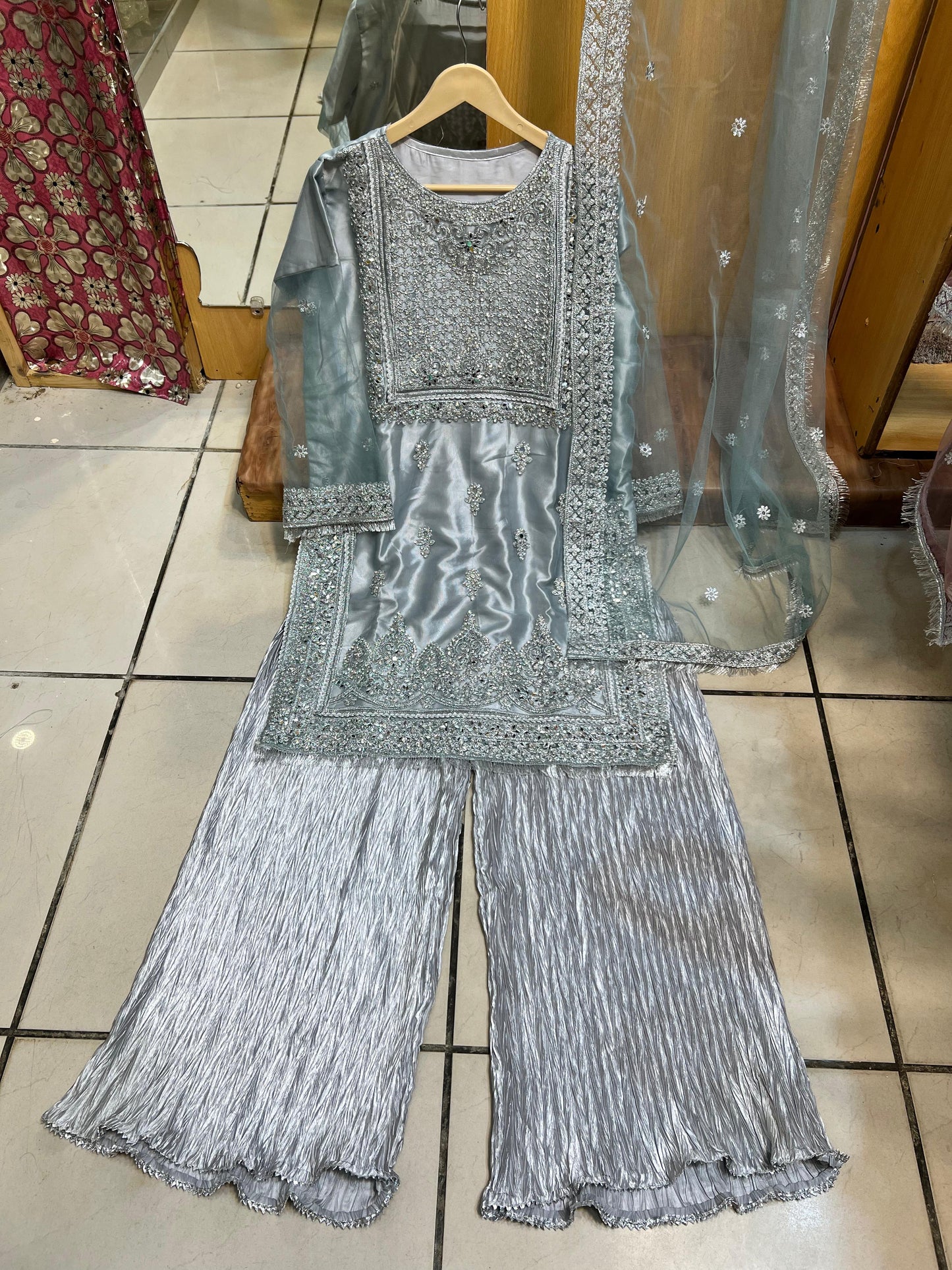 Radiant Mirror Work 3-Piece Suit with Crushed Silk Plazo – Glamour Meets Tradition