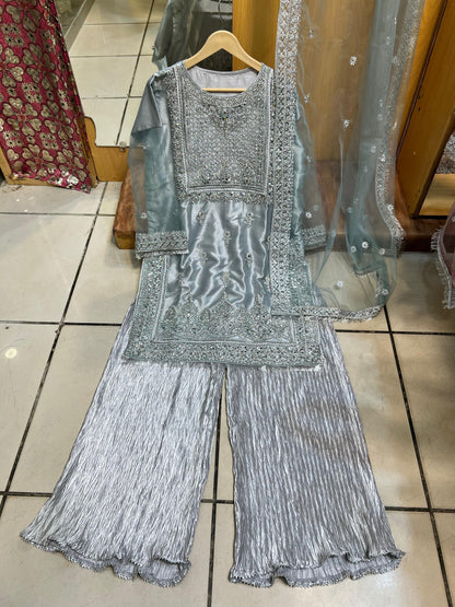 Radiant Mirror Work 3-Piece Suit with Crushed Silk Plazo – Glamour Meets Tradition