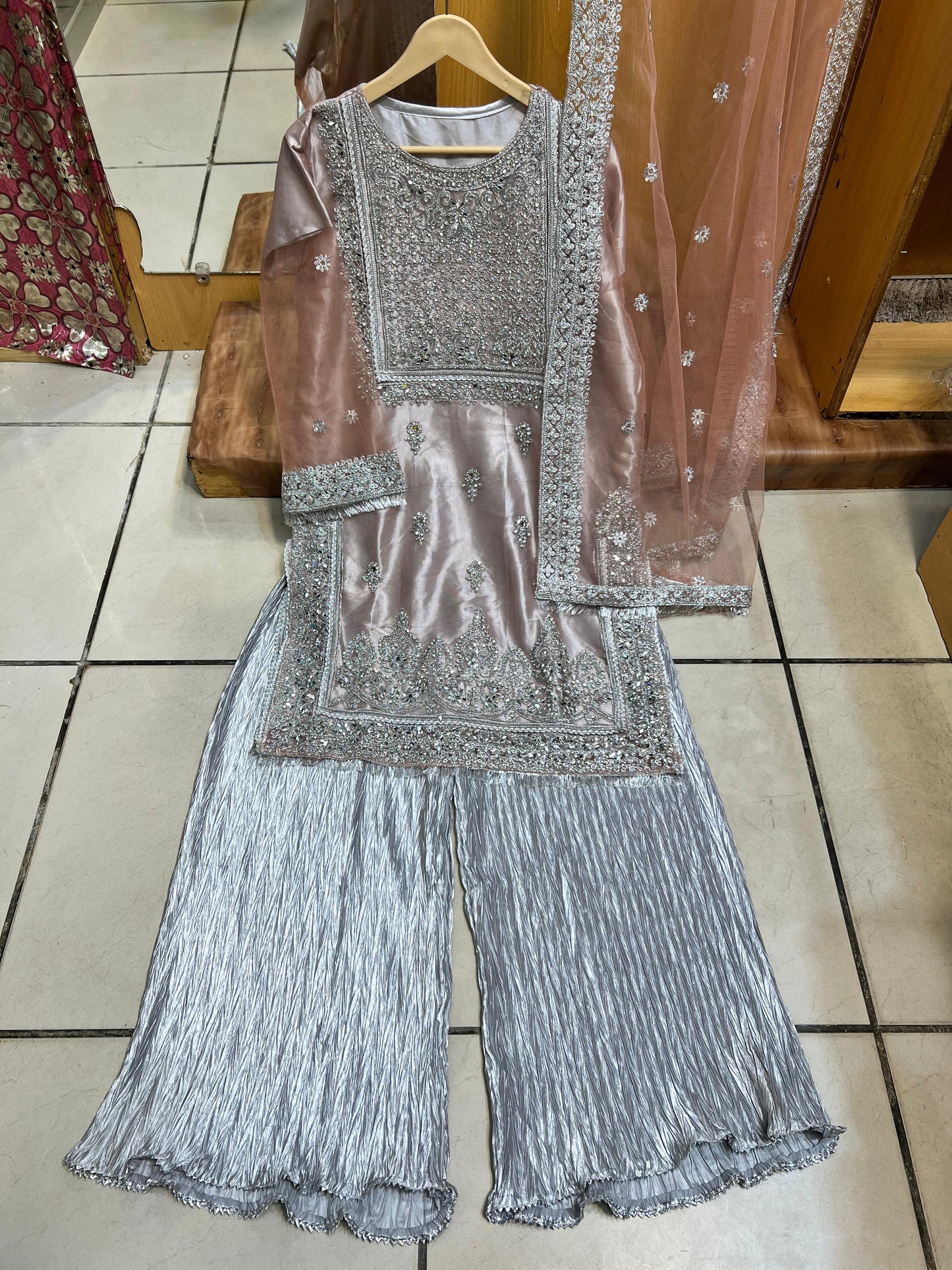 Radiant Mirror Work 3-Piece Suit with Crushed Silk Plazo – Glamour Meets Tradition