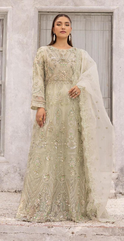 Vana By Simrans Heavy Jewellery Stone Work Embroidered Wedding Maxi – Mint Green Soft Organza (S–XL)