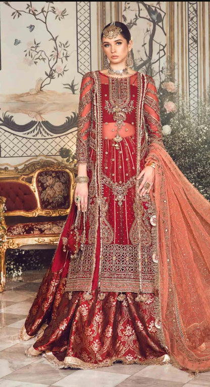 Maria B Inspired by Simran’s – Heavy Embroidered 3-Piece Wedding Collection with Sharara in Red (Sizes S–XL)