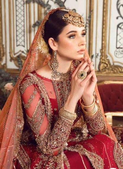 Maria B Inspired by Simran’s – Heavy Embroidered 3-Piece Wedding Collection with Sharara in Red (Sizes S–XL)