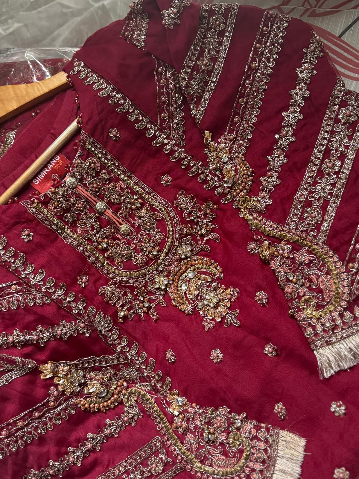 Maria B Inspired by Simran’s – Heavy Embroidered 3-Piece Wedding Collection with Sharara in Red (Sizes S–XL)