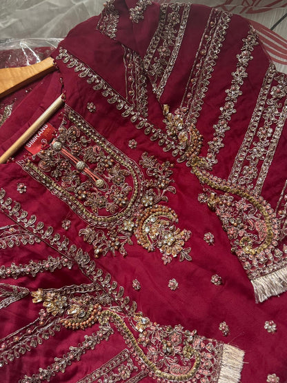 Maria B Inspired by Simran’s – Heavy Embroidered 3-Piece Wedding Collection with Sharara in Red (Sizes S–XL)