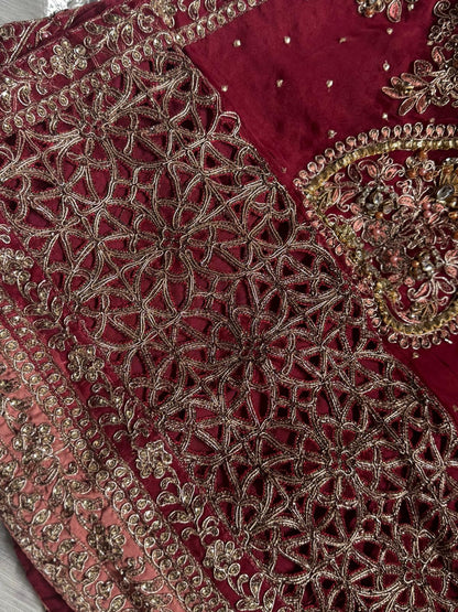 Maria B Inspired by Simran’s – Heavy Embroidered 3-Piece Wedding Collection with Sharara in Red (Sizes S–XL)