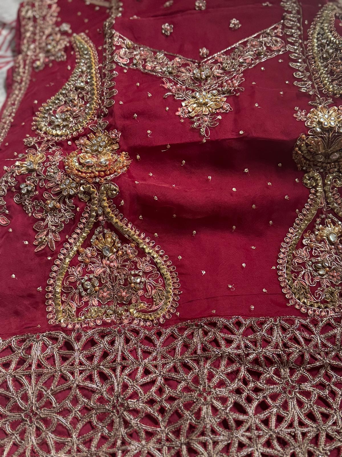 Maria B Inspired by Simran’s – Heavy Embroidered 3-Piece Wedding Collection with Sharara in Red (Sizes S–XL)