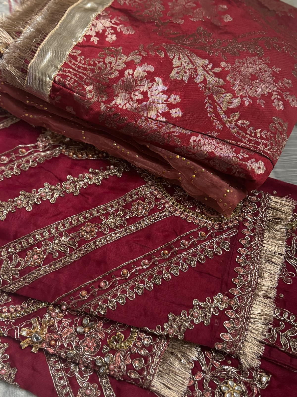 Maria B Inspired by Simran’s – Heavy Embroidered 3-Piece Wedding Collection with Sharara in Red (Sizes S–XL)