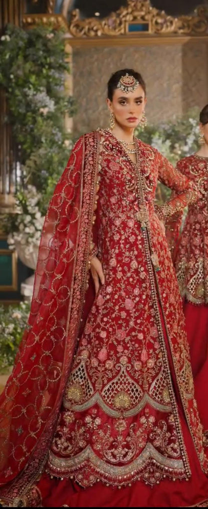 Maria B Inspired by Simran’s – Heavy Embroidered 3-Piece Wedding Collection with Long-Length Shirt & Sharara (Sizes S–XL, Same as Model)