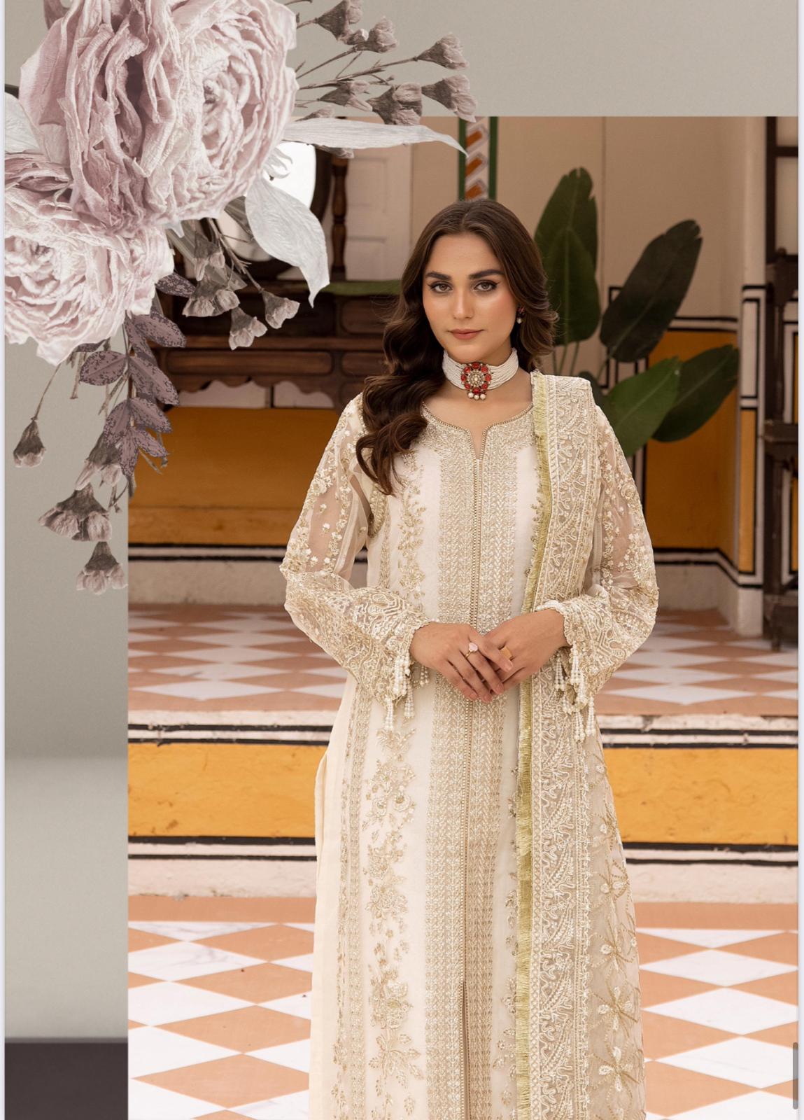 Nureh By Simran’s – 3 Piece Organza Heavy Embroidered Wedding Collection | Sizes S–XL
